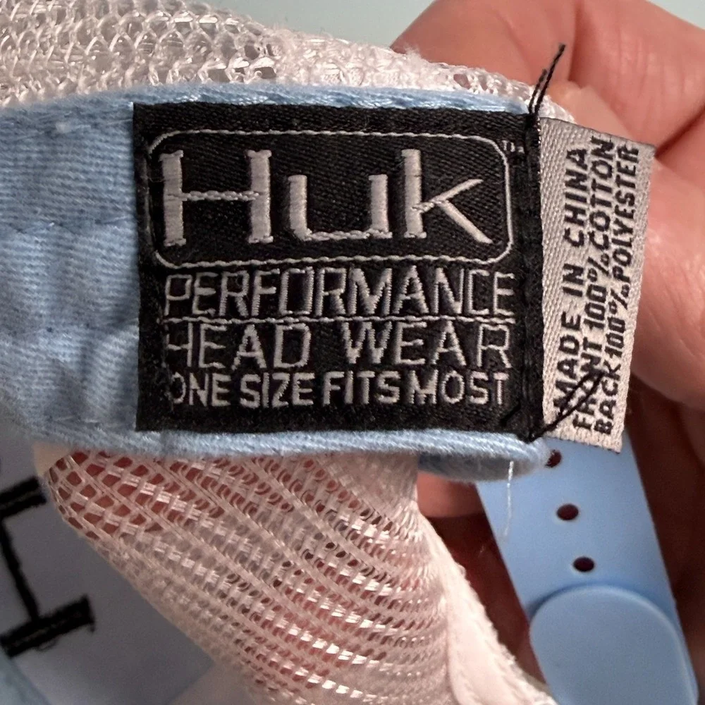 HUK Fishing Trucker Hat Mens One Size Adjustable Snapback Cap Blue White Mesh